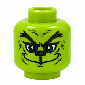 A bright lime green toy minifigure head with a black Grinch-style face printed on the front, isolated on a white background.