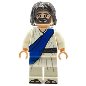 LEGO minifigure with a blue sash on a white background