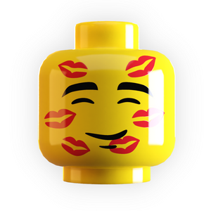 Yellow LEGO minifigure head with a smiling face and red lipstick marks on a white background